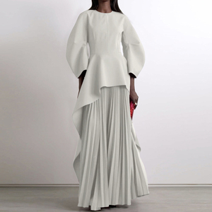 Abiti Lunghi da Donna con Maniche Lunghe, Collo <span class=keywords><strong>a</strong></span> Barchetta, Stampa Digitale Eco-Friendly, Colore Unito, Plissettati, <span class=keywords><strong>a</strong></span> Strati e con Dettagli <span class=keywords><strong>a</strong></span> Giunzione - Product Image 4