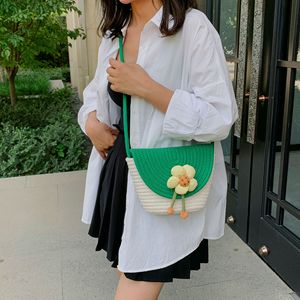 Floral <b>Straw</b> Woven Bucket <b>Bag</b> Green White Handmade Crossbody Shoulder <b>Bag</b> For Women Summer Portable Everyday Use - Product Image 2