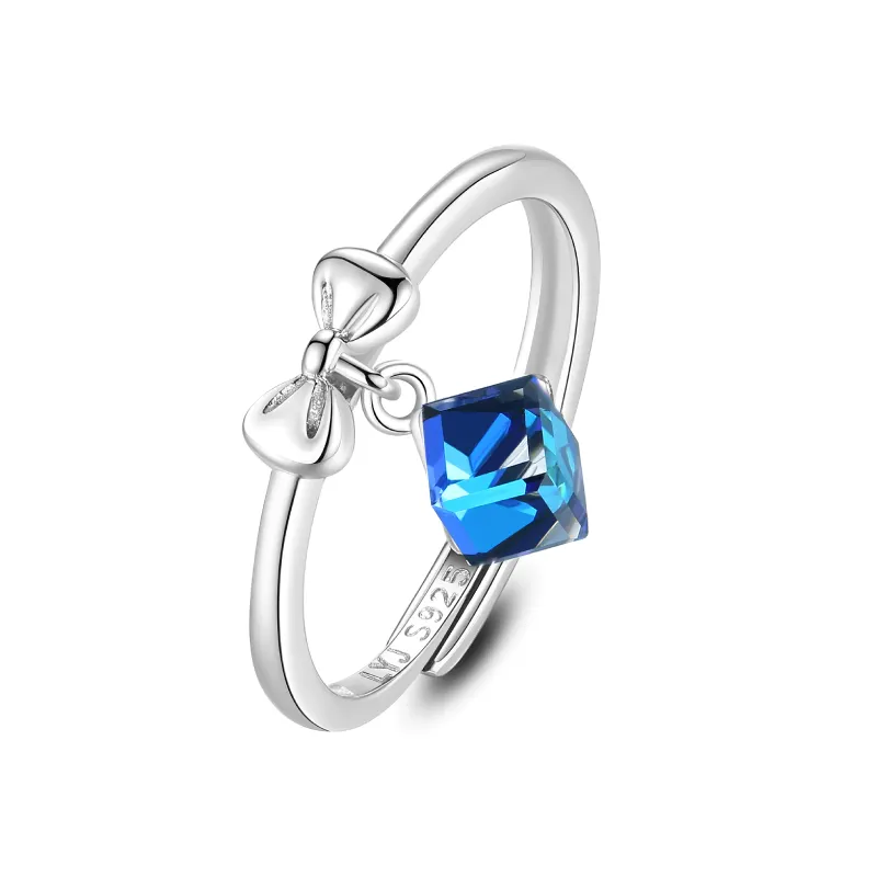 S925 Sterling silver lovely bow with Austrian crystal gemstone ring for women
