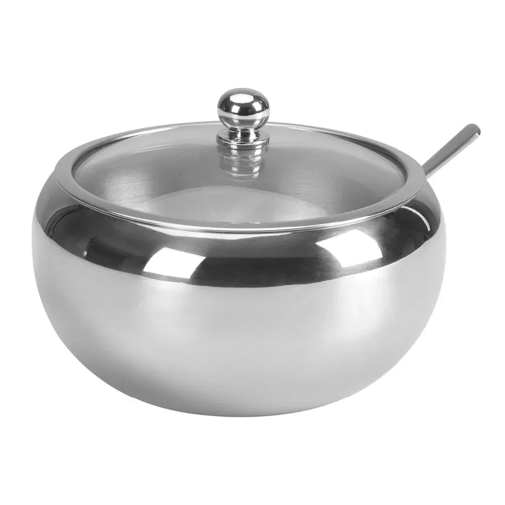 Large 440ML Sugar Bowl 304 Stainless Steel Sugar Bowl with Glass Lid and Spoon Seasoning Spice Bowl Container