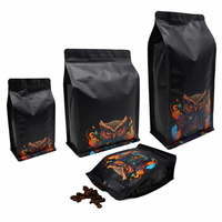 Sachet de café noir mat à huit soudures latérales avec fermeture éclair et valve unidirectionnelle, impression personnalisée, pochette à fond plat, vente en gros OEM