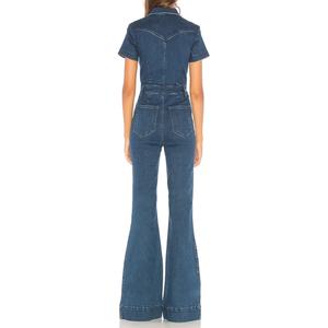 Mono vaquero de mezclilla de algodón con corte de bota, manga corta, bolsillos de parche y cierre de botones para mujer, ideal para el trabajo. - Product Image 2