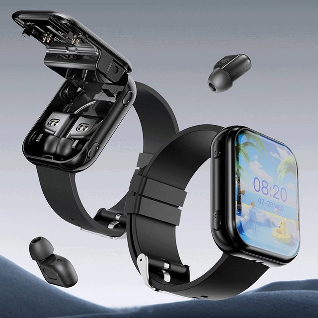 Smart Watch Headphones 2-in-1 1.8 Inch AMOLED 240x284 BT Call GPS NFC Heart Rate Sleep Tracker IP67 Silica Gel Calendar