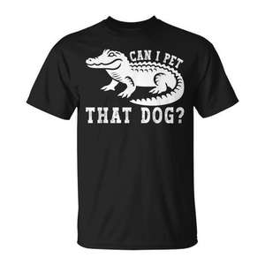 Camiseta con meme de cocodrilo Can I Pet That Dog, negra, unisex para adultos - Product Image 1
