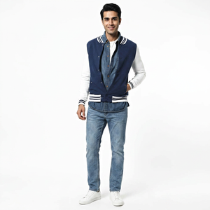 Men's Baseball Varsity <b>Jacket</b> Patchwork Hooded Stand Collar Eco-Friendly Windproof <b>Fleece</b> <b>Lining</b> - Product Image 2