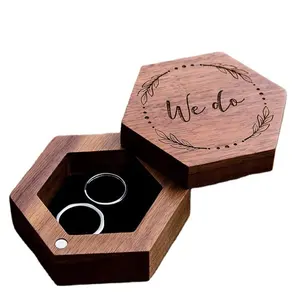 Personalised Wooden Ring Engagement Box Hexagon Shape Swivel Open Solid Wood OEM Size