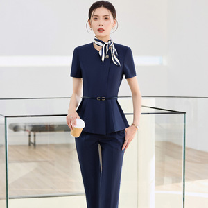 Flight Attendant Professional Suit Blue Peplum Skirt Set Mandarin Collar Office Lady Uniform Anti-Wrinkle Woven Fabric - Product Image 4