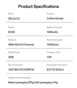<span class=keywords><strong>Macinacaffè</strong></span> Elettrico Portatile Yesido 25W 1200mAh <span class=keywords><strong>con</strong></span> Motore Silenzioso EC29 - Product Image 5