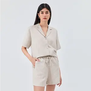 Backless Hollow Lace-up Short Sleeve Shirt 2 Piece Blouse Shorts Set Korean Style Short Sleeve Linen Blouse And Shorts Set Women