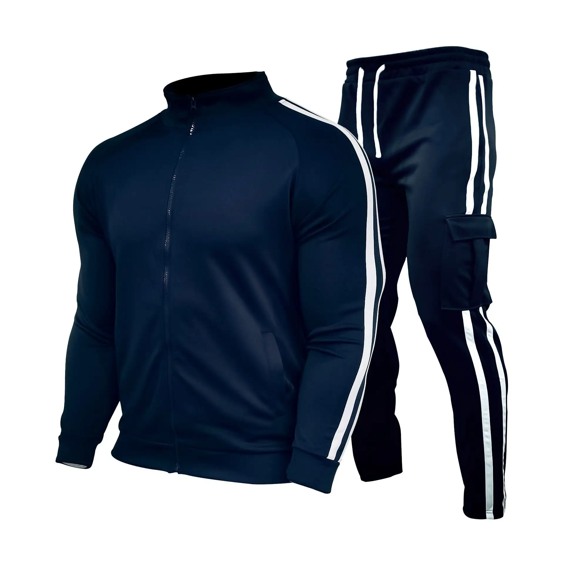 Toptan spor spor Fleeceing teknoloji iki parçalı takım elbise özel erkek Plaining çizgili eşofman takımı erkekler için