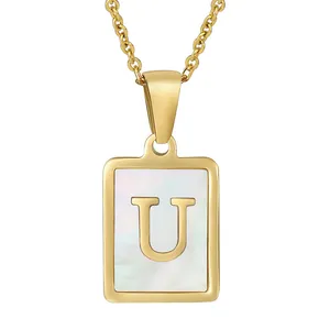 Minimalist Stainless Steel Jewelry Alphabet Square Initial Natural Shell Letter U Necklaces For Women