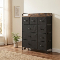 Commode rustique marron et noire à 9 tiroirs, commode de rangement en tissu avec conception anti-basculement, organisateur haut pour salon