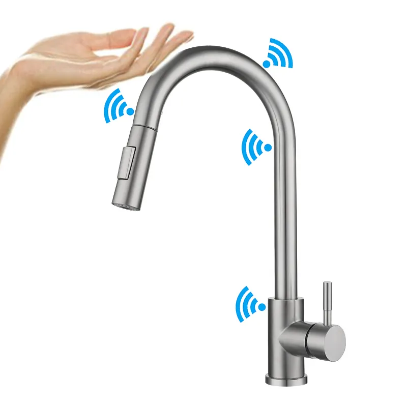 Pull Out Automatic Sensor Kitchen Faucet Sensitive Touch Sensor Water Tap Ceramic 3355T Modern Contemporary Polished Single Hole
