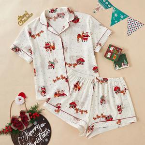 Женский Рождественский пижамный комплект большого размера с коротким рукавом, одежда для сна с принтом Санта-Клауса и оленя, одежда для отдыха на лето - Product Image 1