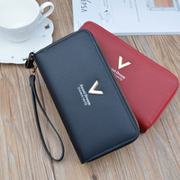 Dompet Panjang Wanita Kapasitas Besar dengan Ritsleting Ganda Pola Berbintik Sederhana Tas Ponsel Dua Lapis Bahan Poliester/PU-Baru