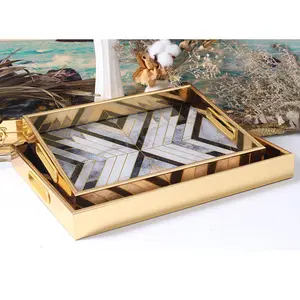 AHOME Plateau Miroir Argent Gold Vanity Tray UV Printing Decoration White And Gold Serving Tray