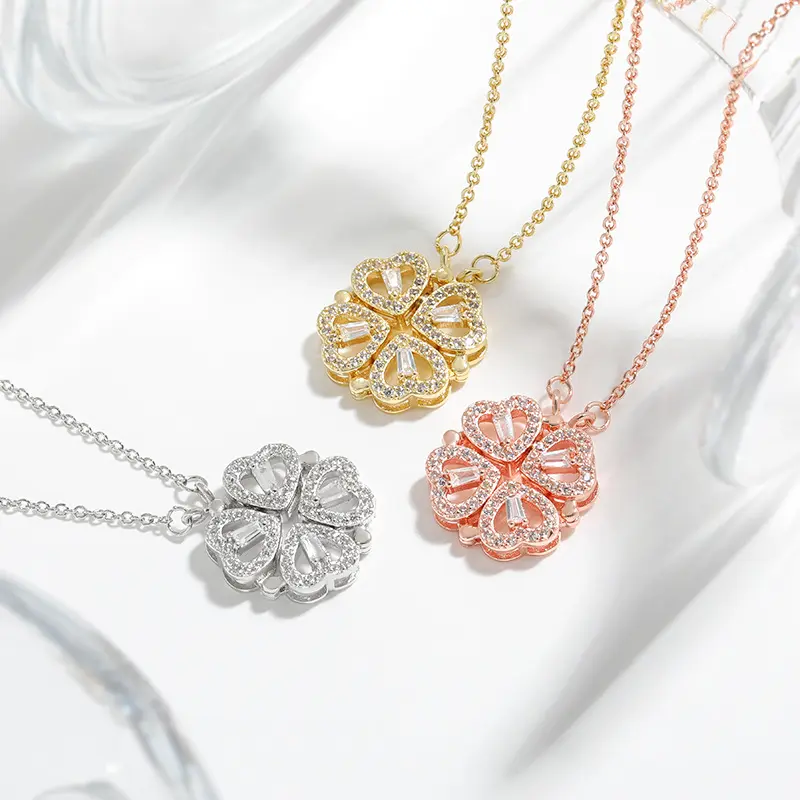 Verwandeln Sie Luxus vier blättriges Kleeblatt Anhänger Halskette Edelstahl Kristall Gold Farbe Herz Schmuck für Frauen Geschenk