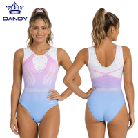 Maillot de Gimnasia Sin Mangas con Degradado Amarillo Brillante y Rosa, Adorno en V con Pedrería Negra en la Parte Inferior, Elástico, para Competición