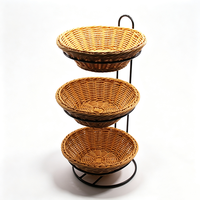 Panier de rangement moderne à 3 niveaux en rotin PP, fait main, écologique, étanche, gain de place, avec structure métallique robuste pour fruits et pain