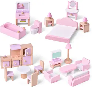 4-piece set of wooden doll house furniture 22 toy house accessories pink wooden toys
