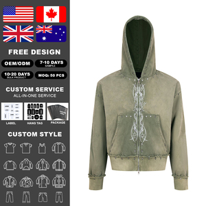 KingSen Vente en gros Sweat à capuche zippé pour homme, hiver, brodé, surdimensionné, effet pierres, en molleton French Terry délavé au procédé Monkey Washed, en coton respirant, coupe ample - Product Image 2