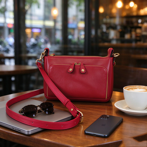 Red Genuine Leather Crossbody <b>Bag</b> Gold Zipper Front Pocket Adjustable Wide Strap <b>Women</b> Daily Handbag - Product Image 3