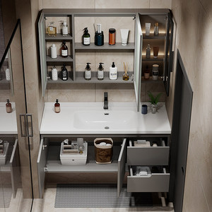 Modern Oak Lacquered Ceramic Integrated Basin Smart <b>Lighting</b> Mirror Wall-Mounted Bathroom <b>Vanity</b> - Product Image 5