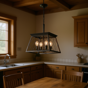 Lustre vintage Farmhouse à 4 lumières, en fer noir, rectangulaire, pour cuisine, salle à manger, ampoule E26 blanc chaud 3500K - Product Image 2