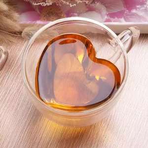 Individueller kreativer 250 ml 8,5 oz herzförmiger Kaffee-Teebecher Doppelwand-Glasbecher mit Griff