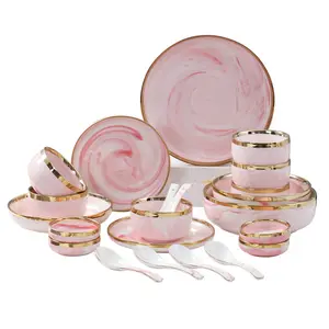 Vaisselle ménagère rose doré à jantes en céramique Bol et assiette Ensemble de vaisselle rond à texture marbrée