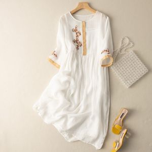 Casual <b>Dress</b> Mid Length Cotton Linen O Neck <b>Elastic</b> Waist Embroidery Vintage Daily Wear Breathable Splicing Design - Product Image 2