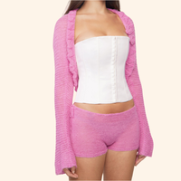 Haut cardigan en maille tricotée rose avec fleur en crochet pour enfant haut court en laine mohair 2 pièces ensembles pull et short