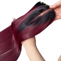 Cheveux humains vietnamiens ombrés bordeaux, dentelle transparente SDD, lisses comme des baguettes, prix de gros