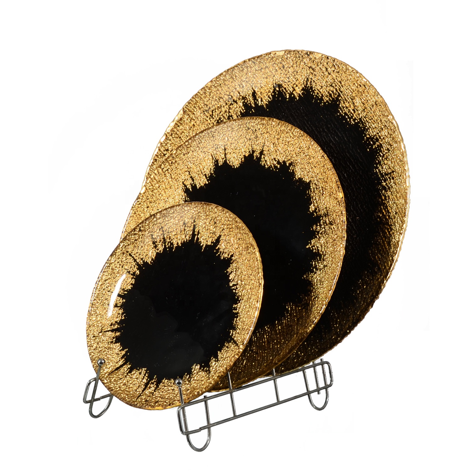 Роскошные высококачественные трехразмерные гальванические сервировочные пластины, стеклянные пластины, золотые черные зарядные пластины для вечеринки, свадьбы