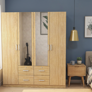 Modern 4-Door 4-Drawer <b>Mirror</b> Panel <b>Wardrobe</b> Contemporary Bedroom Gym Apartment Furniture Malaysian Wooden Chipboard Home Hotel - Product Image 3