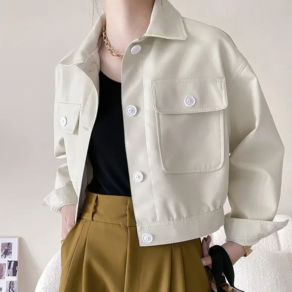 Vintage Style Women Fall Coat Turn-down Collar Single Breasted Loose Collect Waist White Jacket PU