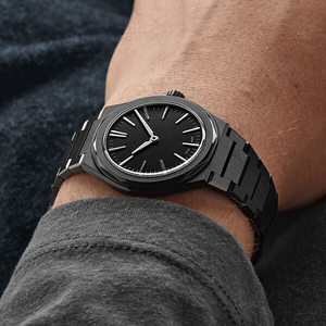 Montre OEM sur mesure, mouvement Miyota 9039 à remontage manuel, boîtier en acier noir ultra-fin de 39 mm (7 mm), finition entièrement noire mate PVD/DLC. - Product Image 3