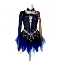 Robe de patinage artistique noire et bleu roi pour spectacle, col montant, dos en maille transparente, jupe en tulle ornée de strass pour filles et enfants