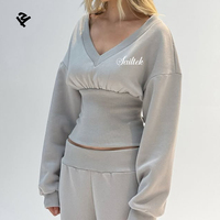 Set Loungewear 2 Potong Khusus Wanita, Sweatshirt Lengan Panjang V-Neck dan Celana Sweatpants Kaki Lebar, Tracksuit Kasual Streetwear
