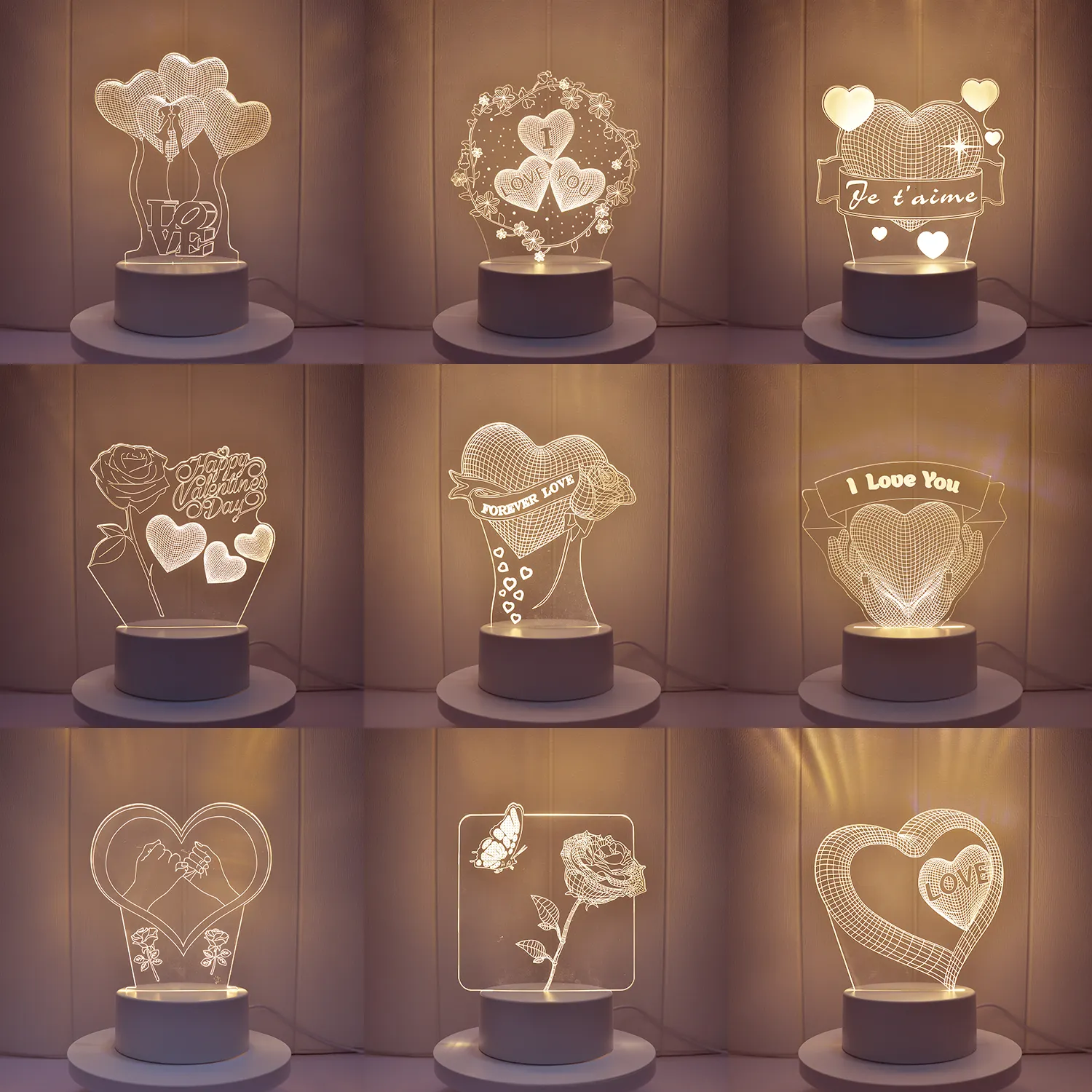 Décorations de la Saint-Valentin led veilleuse 3D illusion lampe amour coeurs Luminaria Led Veilleuse USB veilleuse