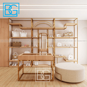 Tùy Chỉnh Quần Áo Hiện Đại Cửa Hàng Trang Trí Giày Dép Và Túi Xách Kệ Vàng Quần Áo Rack Hiển Thị Đứng Quần Áo Kệ Cho Các Cửa Hàng - Product Image 5