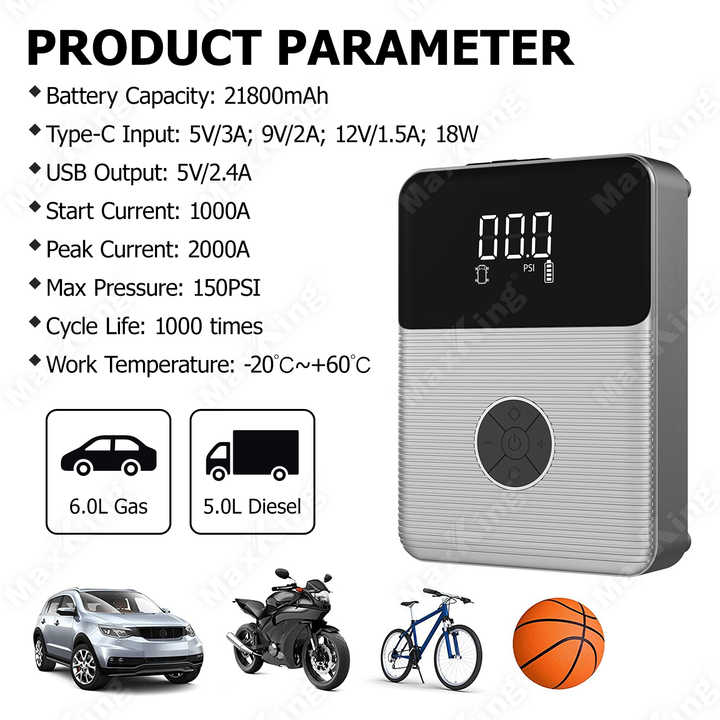 2000A Peak 21800mAh Smart Jump Starter for Trucks and SUVs with High ...