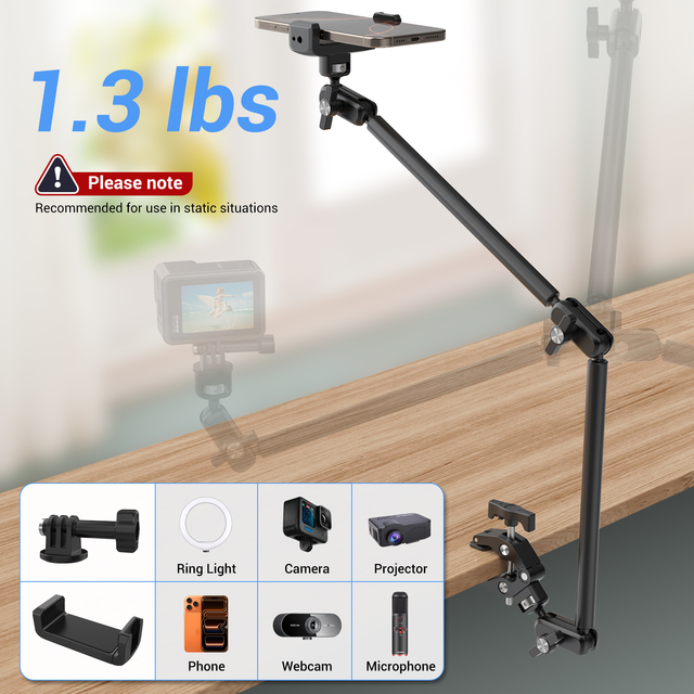 Adjustable 22 Inch Articulating Friction Magic Arm with Super Crab Clamp and Plastic Phone Holder