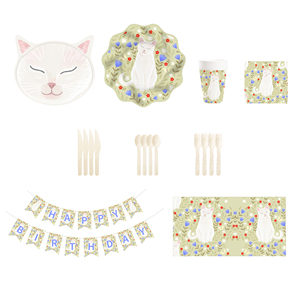 DAMAI Nouveaux kits de fournitures de fête à thème animal, assiettes en papier jetables en forme de chat, ensembles de vaisselle pour fête d'enfants - Product Image 1