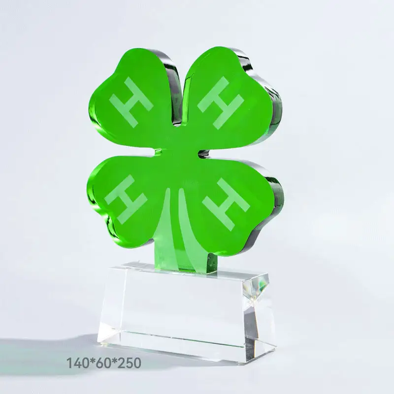 factory direct selling customized design business gift leaf clover shape crystal glass trophy