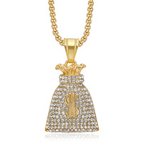 Collier pendentif sac à monnaie dollar incrusté de diamants RH Hip Hop, bijoux de mode en acier inoxydable plaqué or 18K PVD de haute qualité