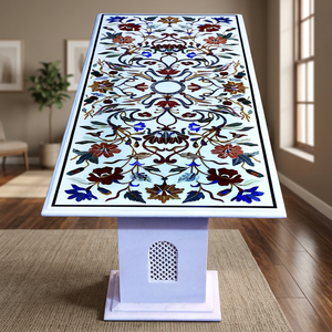 Mesa de Comedor Moderna y Duradera con Incrustaciones de Mármol Blanco de Lujo, Hecha a Mano con Tecnología Pietra Dura, Apta para Conferencias - Product Image 2