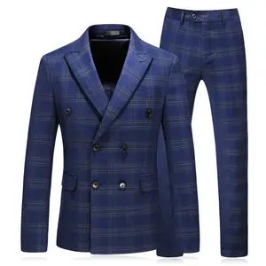 कस्टम मेड उच्च गुणवत्ता मुद्रित 3 टुकड़े डबल छाती स्लिम पुरुषों के सूट के लिए दैनिक जीवन सूट ब्लू प्लेड व्यापार रंगीन जाकेट सूट