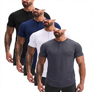 Men's <b>Henley</b> T-Shirt <b>Short</b> <b>Sleeve</b> Slim Fit Solid Color Casual Wear Breathable Cotton Jersey Knitted O-Neck Top - Product Image 2