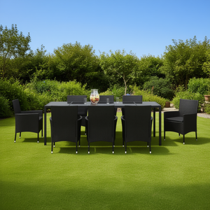 Set da Pranzo da Giardino in Rattan Nero per 8 Persone, Arredamento da Esterno Resistente alle Intemperie, Design Contemporaneo con Struttura in Metallo - Product Image 2